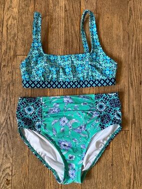 Land's End High Waisted Tummy Control Patchwork Paisley Bikini Aqua Teal Size 4